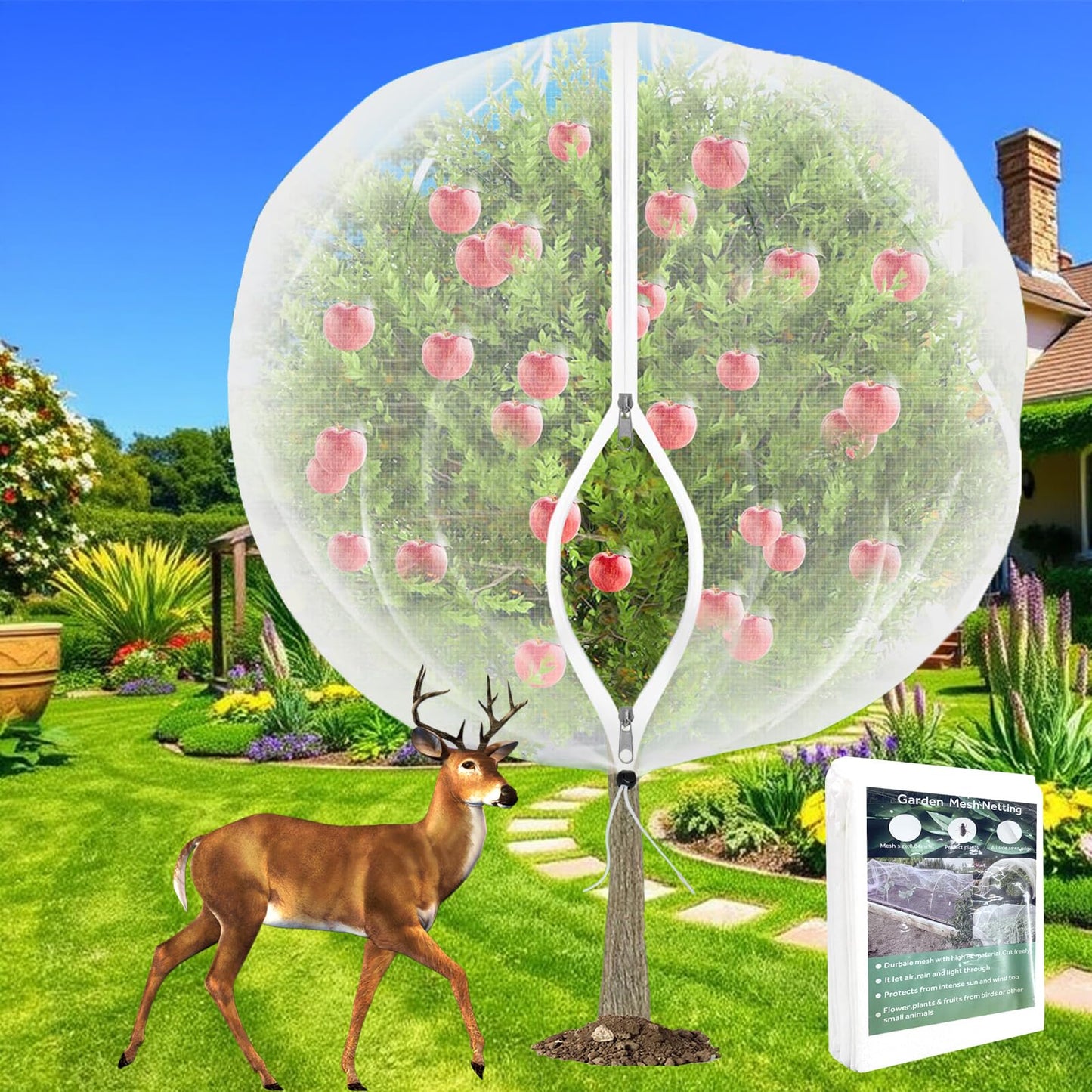 10 x 10 ft Large Fruits Tree Netting Cover with 2 Zippers & Drawstring, Garden Bird Squirrel Small Animal Barrier Netting Plant Protective Cover, Durable Mesh Cover for Cherry Blueberry Apple Tree