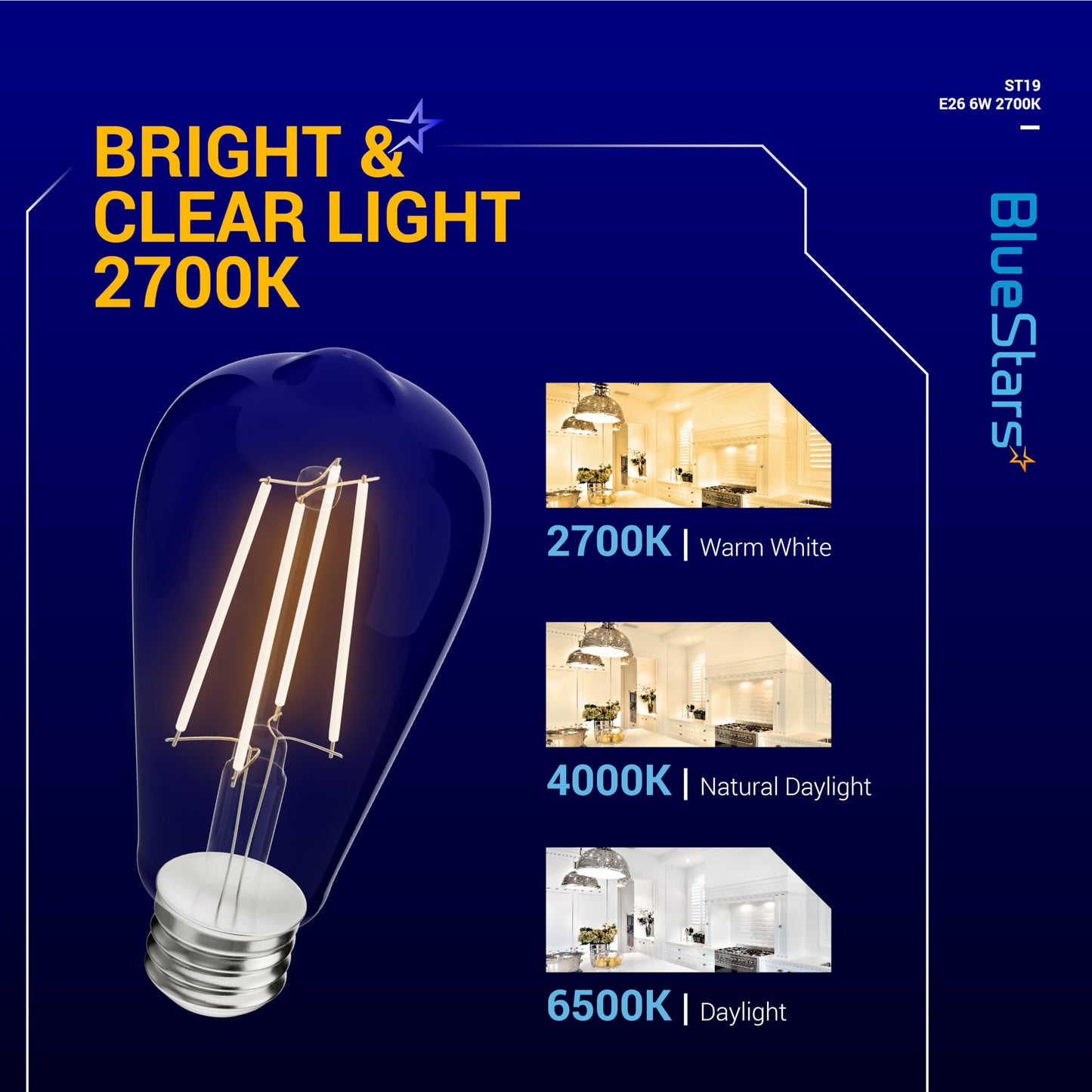 BlueStars Vintage ST58 ST19 LED Filament E26 Medium Base Edison Light Bulbs, 120V 60W Equivalent, 2700K Warm White 650 lumens for Ceiling Fixture, Chandelier and Pendant, 6-Pack