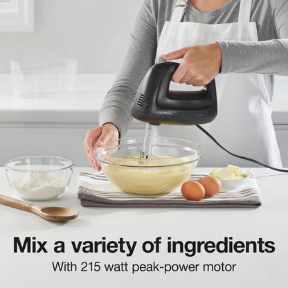 Proctor Silex 5-Speed Electric Hand Mixer for Baking, 100W, Snap-On Storage Case, Lightweight with 2 Beaters, Matte Black (62512)