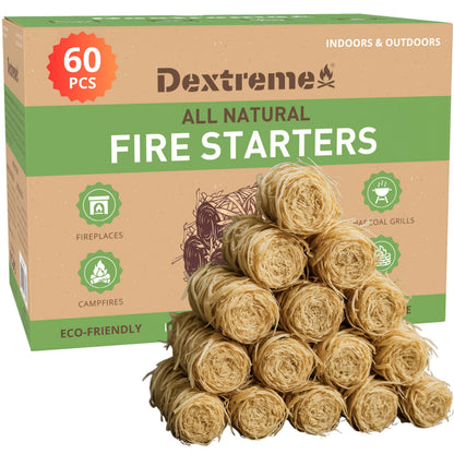 Dextreme Fire Starters 60 pcs | Natural Firestarters for BBQ, Campfires, Fireplace, Charcoal, Wood Stove, Fire Pit, Chimney, Pizza Oven and Smokers | All Weather, Odorless, Non Toxic