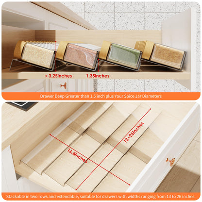 Spice Drawer Organizer, 4 Tier Clear Acrylic Expandable From 13" to 26" Seasoning Jars Drawer Insert, Kitchen Drawer Spice Rack Tray for Cabinet/Countertop