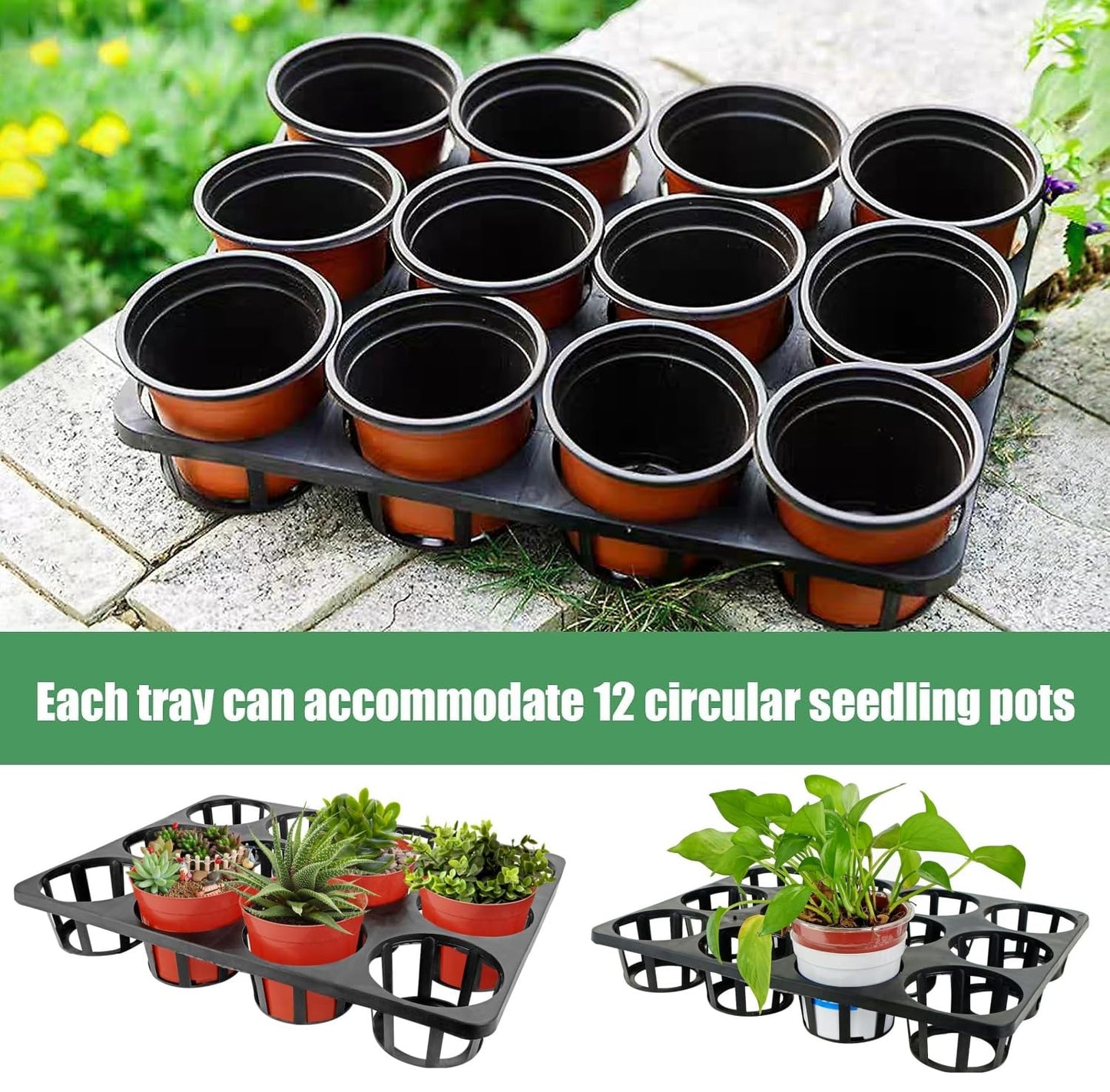12 Cell Nursery Planter Pots Trays, 6-Pack Seed Starter Pots Moving Trays, Plant Pot Shuttle Carry Holder and Trays for 4 inch Round Plastic Nursery Pots Flowerpot Carrier Transporting