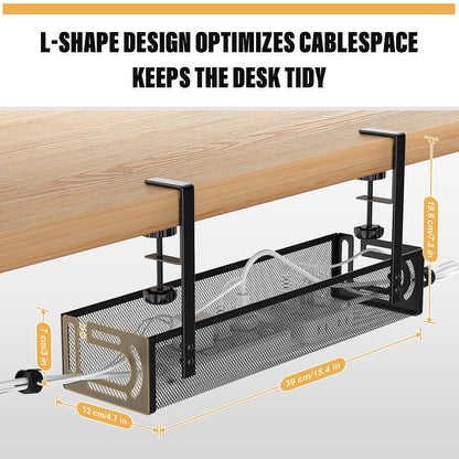 Under Desk Cable Management Tray No Drill, Metal Mesh Cable Tray with Clamp for Desk Wire Management, Desk Cable Management Box and Cord Organizer for Office, Home