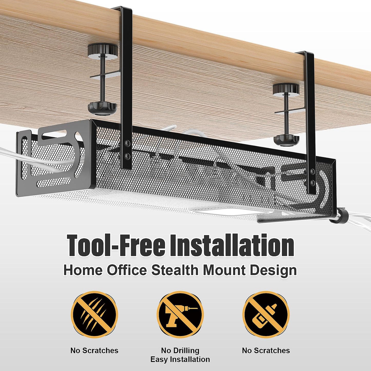 Under Desk Cable Management Tray No Drill, Metal Mesh Cable Tray with Clamp for Desk Wire Management, Desk Cable Management Box and Cord Organizer for Office, Home