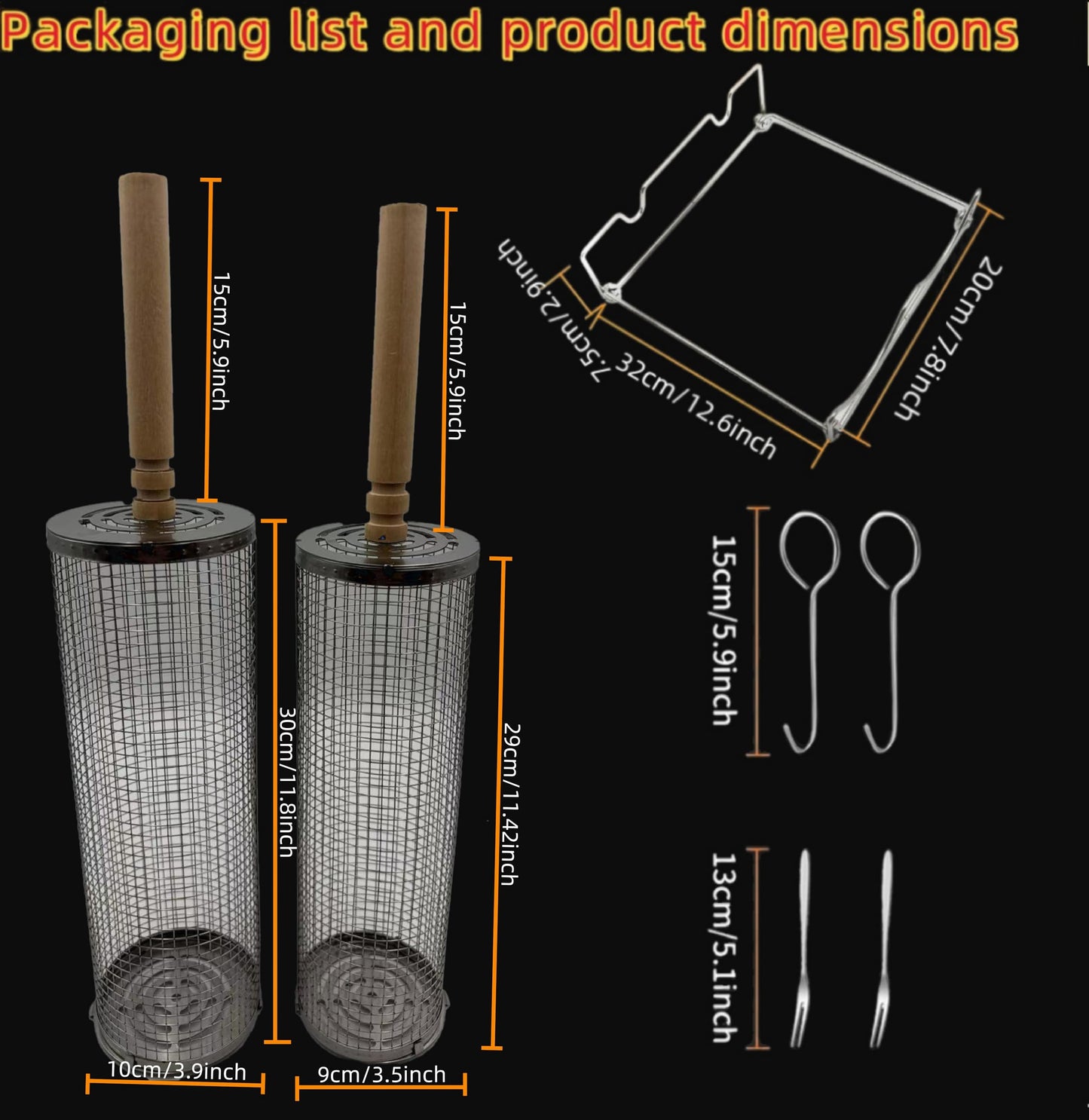 ZASTREXIS 2PCS Rolling Grill Basket, Grilling Basket with Removable Wooden Handle, Holder Included，304 Stainless Steel BBQ Accessories for Outdoor Camping,Picnic,Dinner Party,Gifts for Men Dad Husband