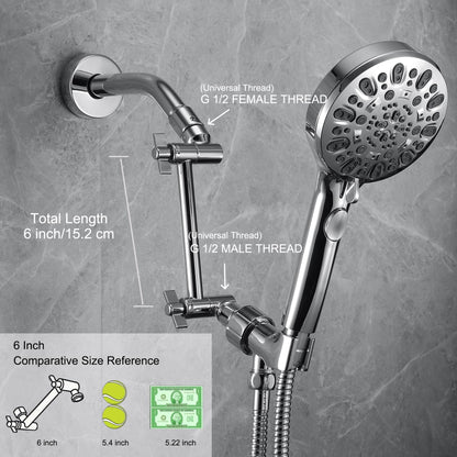 Shower Head Extension Arm, 6 Inch Adjustable Shower Arm Extender for Handheld/Fixed/Rain Shower Head, All Metal Showerhead Arm with G1/2 Universal Connector, Easy Installation, Chrome