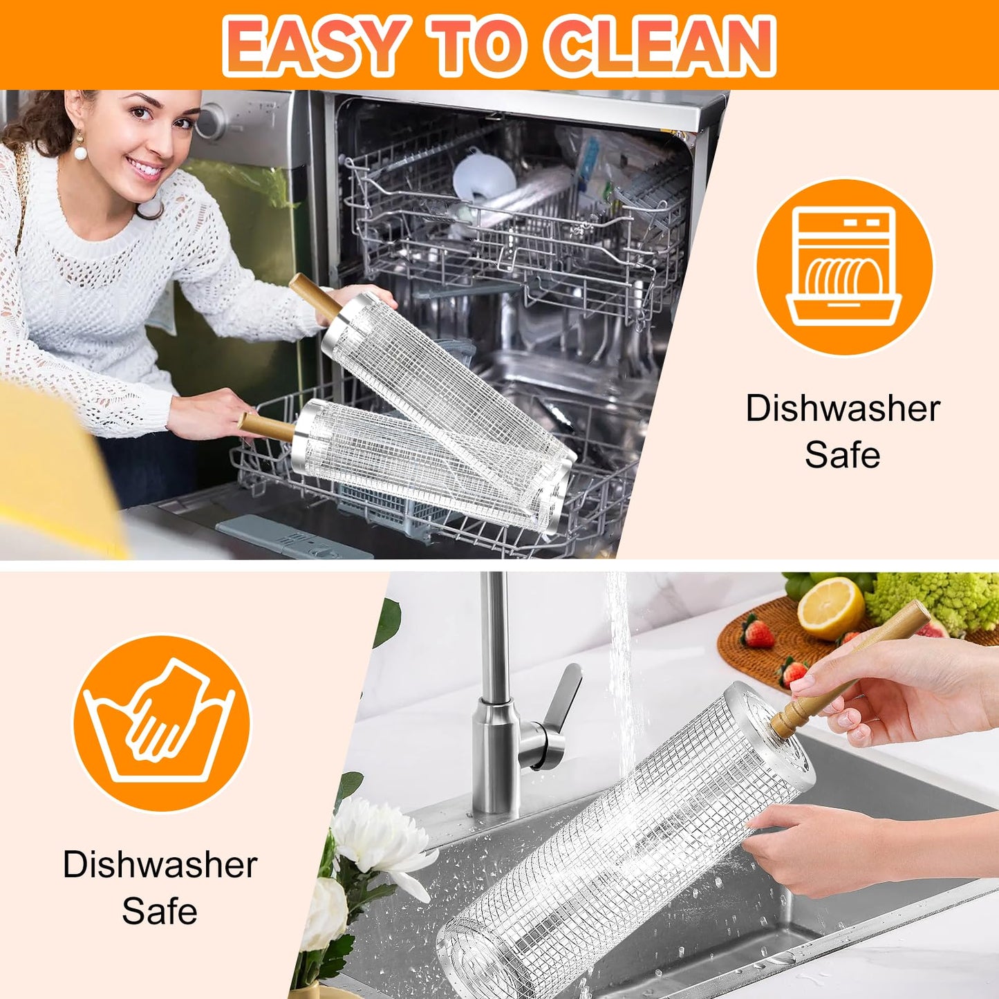 2PCS Rolling Grill Baskets with Removable Wooden Handle,304 Stainless Steel Nesting BBQ Basket for Outdoor Cooking Camping,BBQ Accessories Tools for Vegetables,Seafood & Meat,Gifts for Men Dad Husband