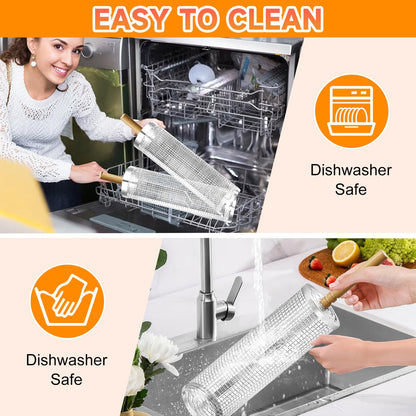 2PCS Rolling Grill Baskets with Removable Wooden Handle,304 Stainless Steel Nesting BBQ Basket for Outdoor Cooking Camping,BBQ Accessories Tools for Vegetables,Seafood & Meat,Gifts for Men Dad Husband