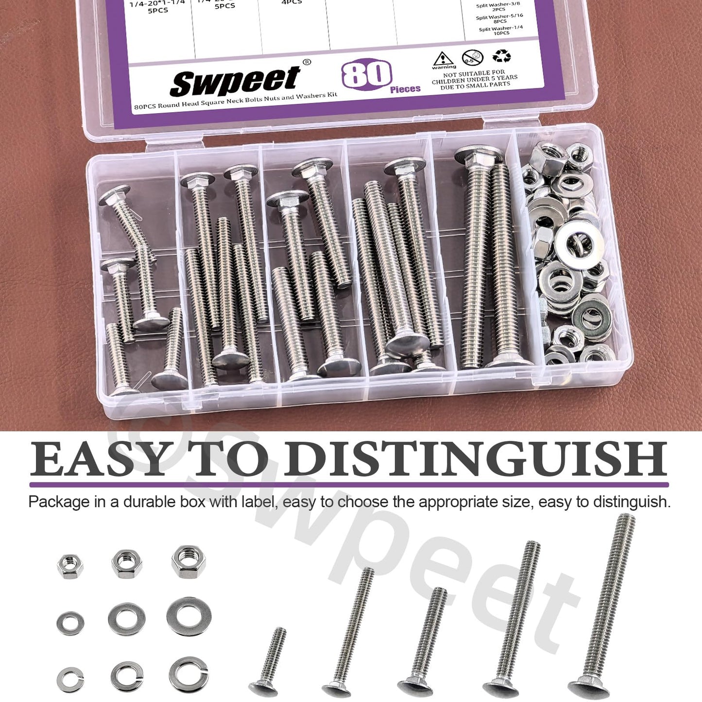 Swpeet 80Pcs 5 Sizes 1/4", 5/16", 3/8", Carriage Bolts Screws Nut Washer Assortment Kit, 304 Stainless Steel Round Head Square Neck Screws, Full Thread Carriage Bolts, Hex Nuts, Flat/Lock Washers