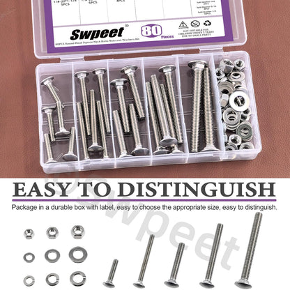 Swpeet 80Pcs 5 Sizes 1/4", 5/16", 3/8", Carriage Bolts Screws Nut Washer Assortment Kit, 304 Stainless Steel Round Head Square Neck Screws, Full Thread Carriage Bolts, Hex Nuts, Flat/Lock Washers