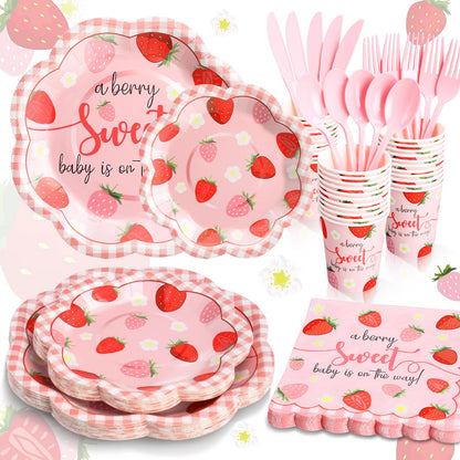 Gudvilla Strawberry Baby Shower Decorations for Girl, Baby Shower Plates and Cups and Napkins Sets Serves 24, Strawberry Plates, A Berry Sweet Baby Is On The Way Decorations, Berry Sweet Party