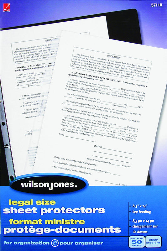 Wilson Jones Heavy Weight Sheet Protectors, Clear, Legal Size, Box of 50 (7891057110)