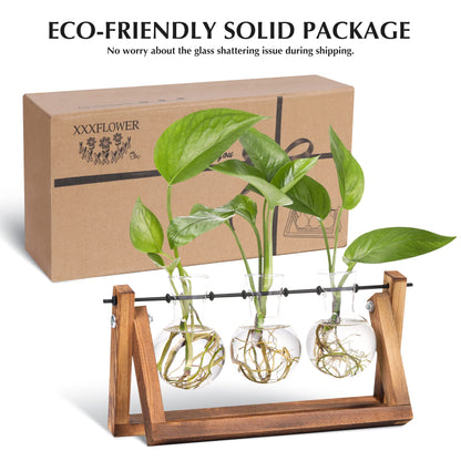 XXXFLOWER Plant Terrarium Wooden Stand Propagation Station Glass Bulb Vase, Desk Plants Holder Retro Style for Tabletop Hydroponics Home Wedding Garden Decor, 3 Bulb Vase