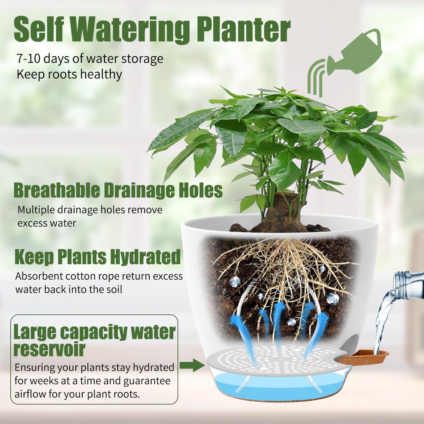 5 Pack Plant Pots Indoor 7/6.5/6/5.5/5 Inch Flower Pots Self Watering Planters for Indoor Plants with Drainage Hole Plastic Plant Pot for African Violet Cactus Flowers Succulents(White)