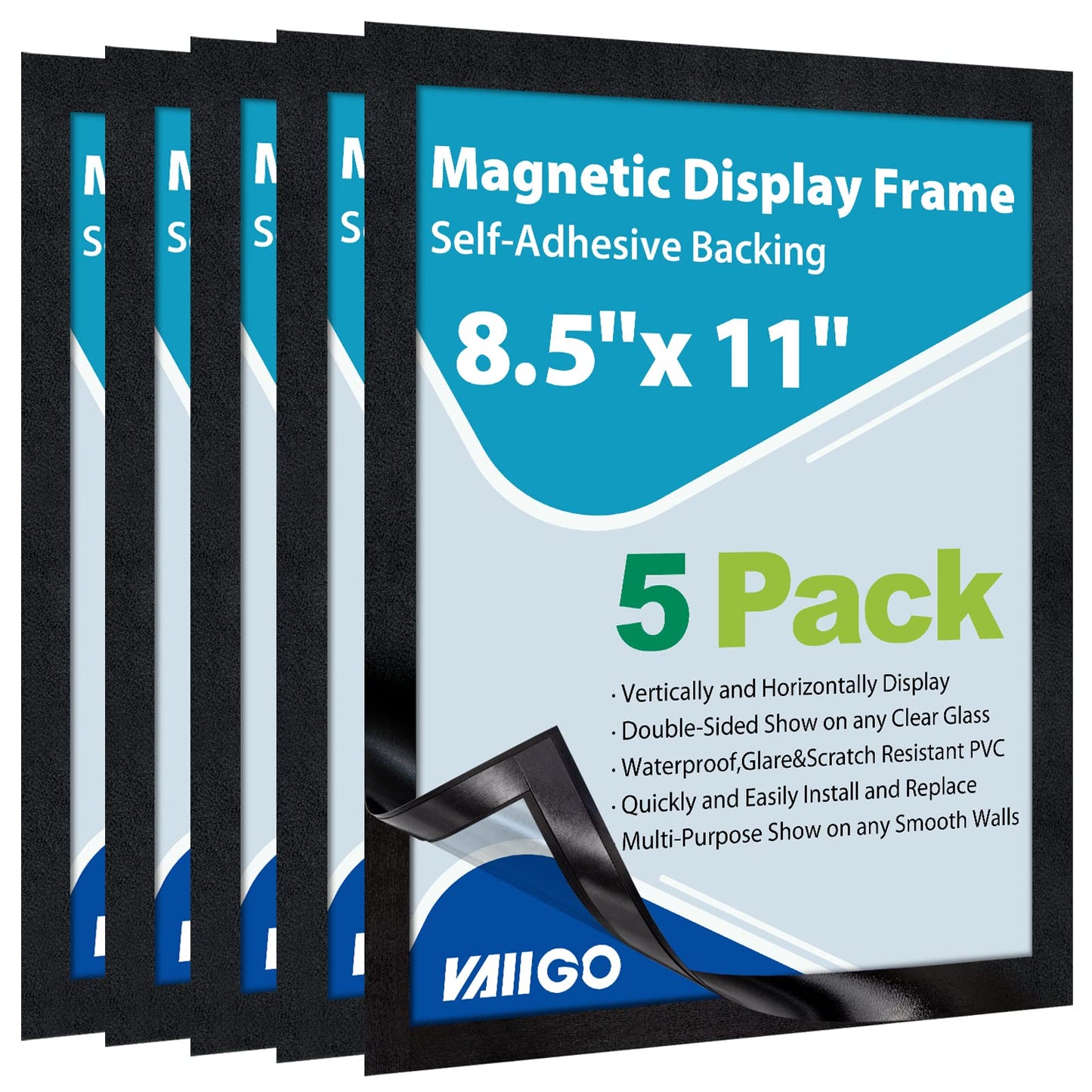 VAIIGO 8.5"x 11" Magnetic Sign Holder, 5Pack Double Sided Window Self Adhesive Magnetic Display Frame with Clear PVC and Strong Magnet for Office/Store/Door/Glass/Refrigerator Display Frame, Black
