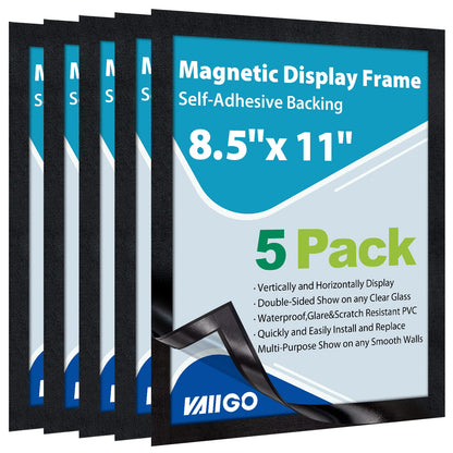 VAIIGO 8.5"x 11" Magnetic Sign Holder, 5Pack Double Sided Window Self Adhesive Magnetic Display Frame with Clear PVC and Strong Magnet for Office/Store/Door/Glass/Refrigerator Display Frame, Black