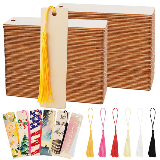Supkiir 120pcs Wooden Blank Bookmarks with Colorful Tassels, Unfinished Craft Bookmark Making Kit for DIY Craft Book Lover Gift Tags Wedding Birthday Party Decors