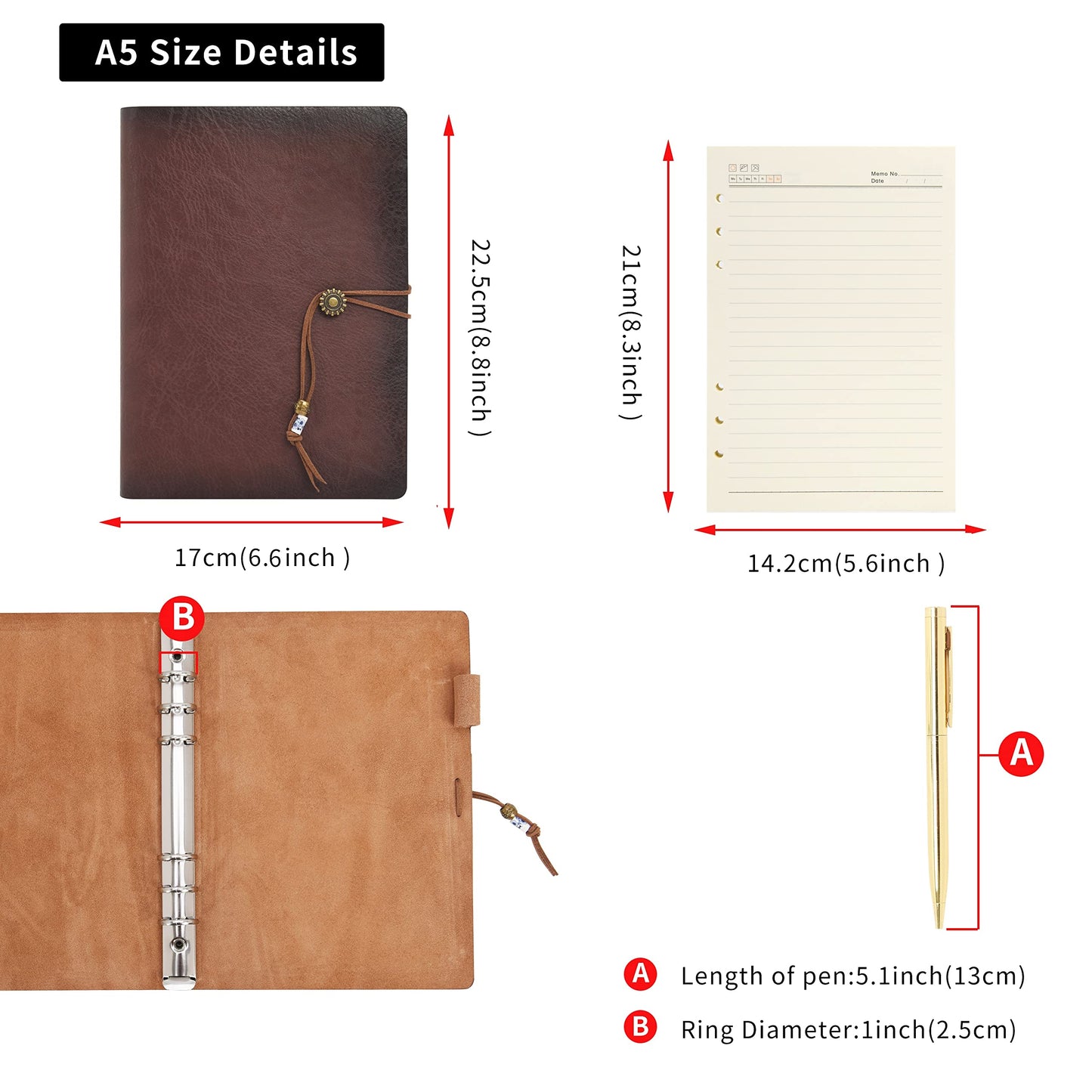 Wonderpool Leather Journal Lined Paper Notebook & Pen - Refillable 6 Ring Binder Writing Spiral Diary with Ruled Notepads Vintage Cover for Office Travel Work and Plan Agenda (a-Brown, A5)