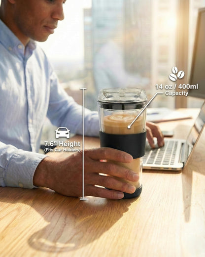 400ml Glass Travel Mug with Full Glass Lid - Double Wall Insulated Coffee Cup - Non-Slip Silicone Sleeve for Car, Commute - Reusable Tea Tumbler (Plastic-Free)