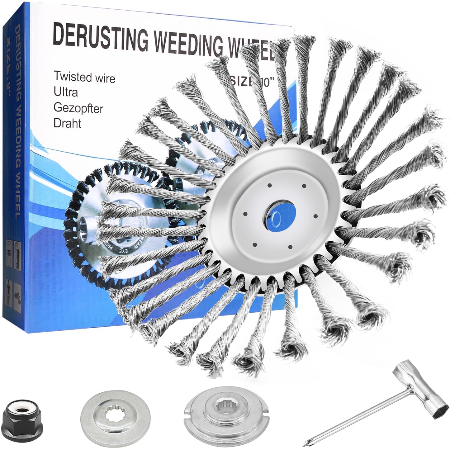 CZS Unbreakable Wired Trimmer Blade, Steel Wire Cutter Trimmer Head, Wire Rotary Brush Weed Trimmer Head, Weed Eater Head with Adapter Kit for Moss Grass Rust Removal, 10 Inch