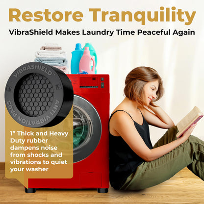 Anti Vibration Pads for Washing Machine w/HexaGrip - Stops Washer Dryer Noise Moving Shaking Walking Skidding - Appliance Anti Vibration Washing Machine Support Feet Stabilizer Mat - VIBRASHIELD 4 PK