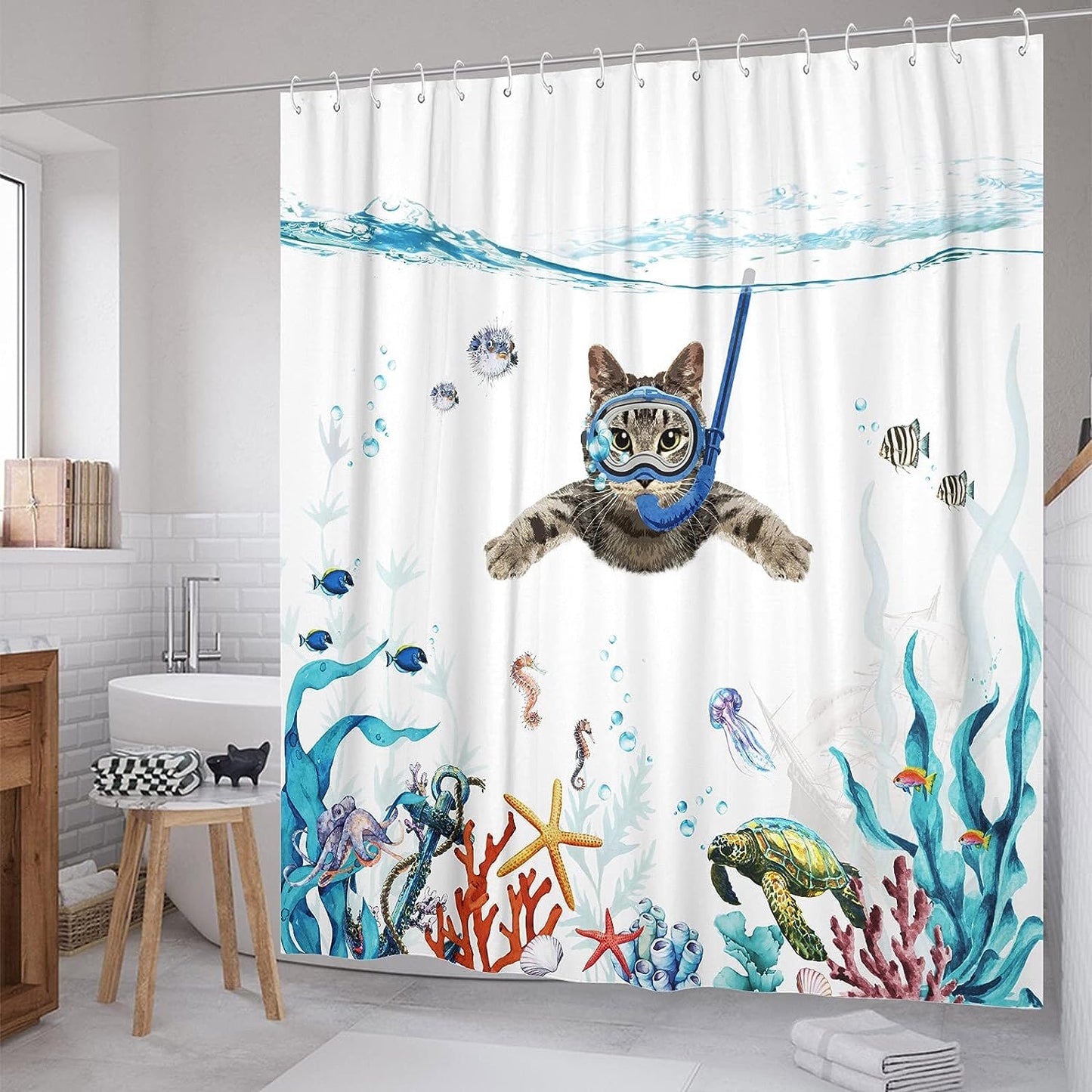 SparkLia Funny Cat Shower Curtain, Diving Underwater World Shower Curtain Sets with Animal Turtle Octopus Starfish, Waterproof Fabric Nautical Kids Curtain with Hooks for Bathroom Décor - 72" x 72"