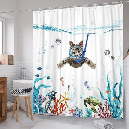 SparkLia Funny Cat Shower Curtain, Diving Underwater World Shower Curtain Sets with Animal Turtle Octopus Starfish, Waterproof Fabric Nautical Kids Curtain with Hooks for Bathroom Décor - 72" x 72"