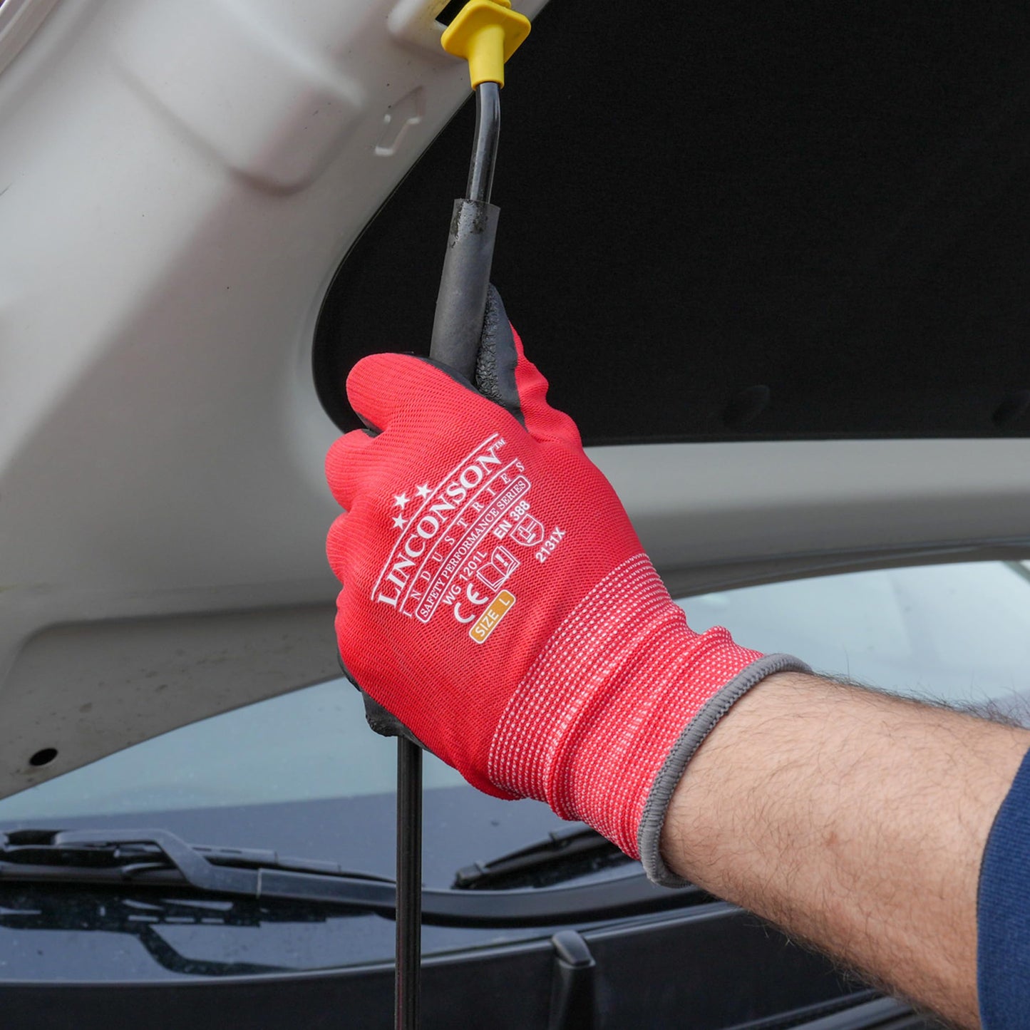 LINCONSON 12 Pack Safety Performance Series Construction Mechanics Wrinkle Latex Work Gloves (Black & Red, Medium (12 Pairs))