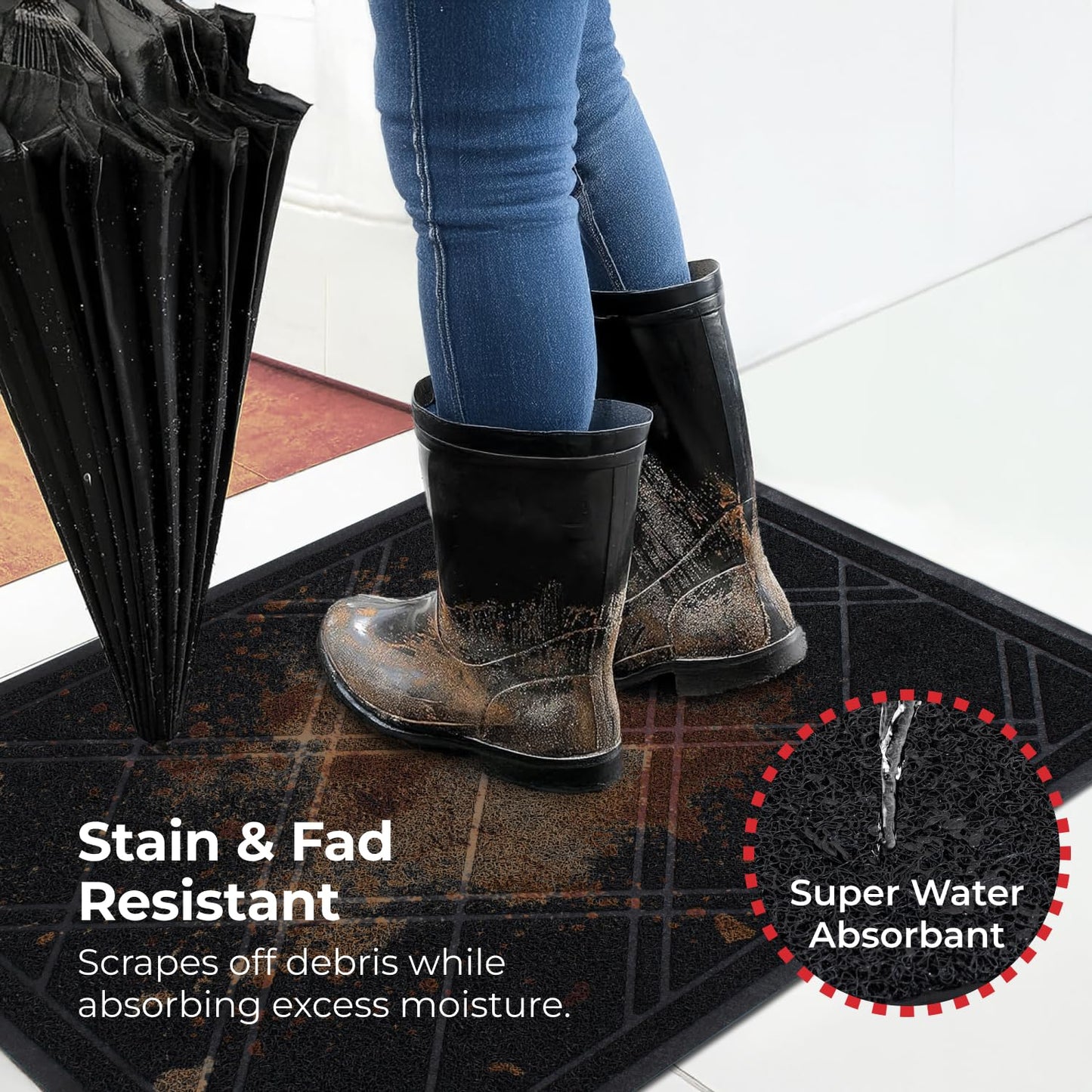 Waterproof Door Mat - SlipToGrip 42 x 35 Inches, No-Slip, Durable, Washable, Black Floor Mat - Plaid Entrance Rug for Front Door, Patio, Garage - Absorbs Dirt and Moisture - Indoor and Outdoor Rug