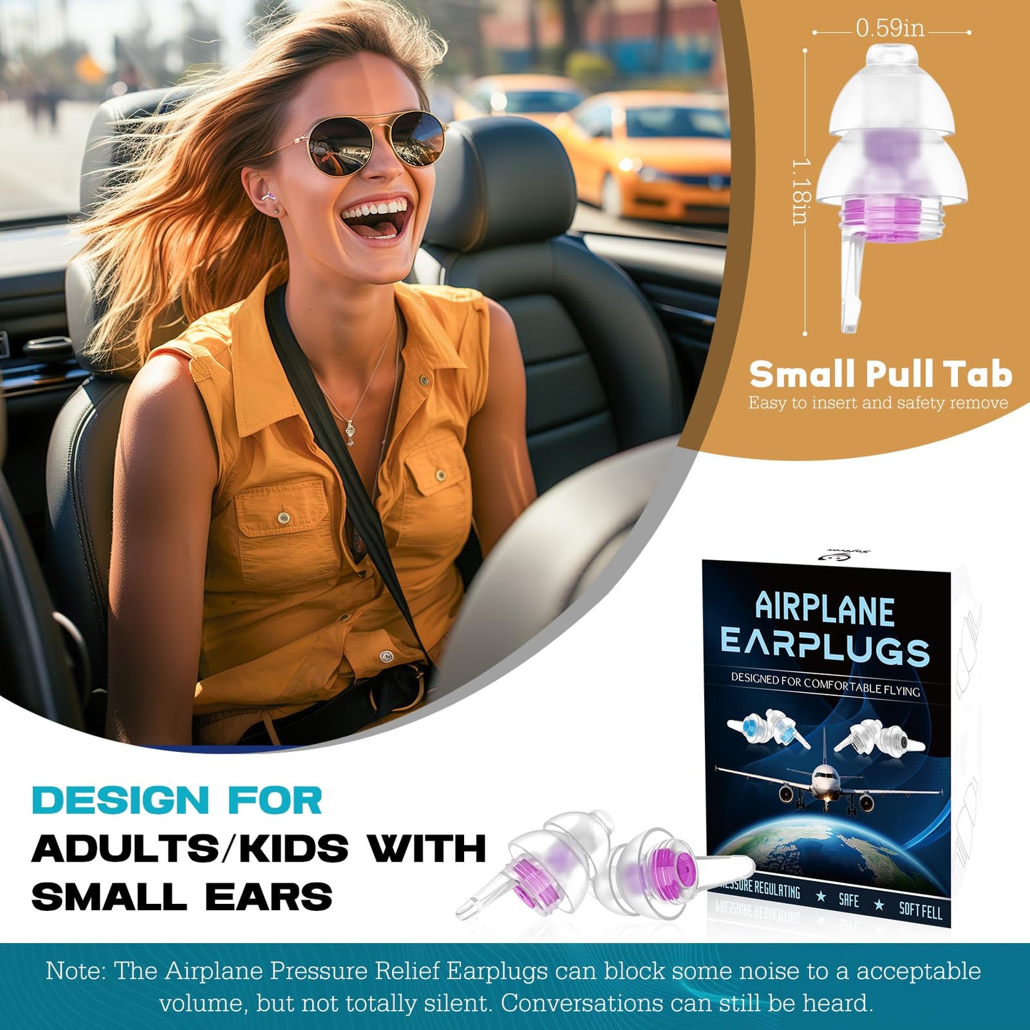 Ear Plugs for Airplane Pressure with Silicone Cord, Ear Pain Relief & Noise Reducing 25 dB, 100x Reusable Soft Flying Earplugs for Adults Kids 12+, Air Travel Essentials, Bouchon Oreille Avion Pression