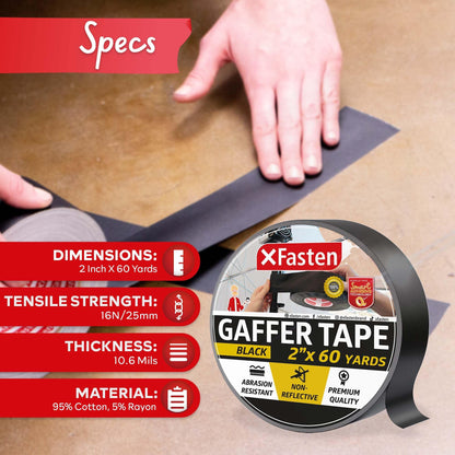XFasten Black Gaffers Tape 2 Inch X 60 Yards, Multipurpose, No Residue Gaffer Tape, Black Gaff Tape 2 Inch for Photography, Indoor, Outdoor Locations