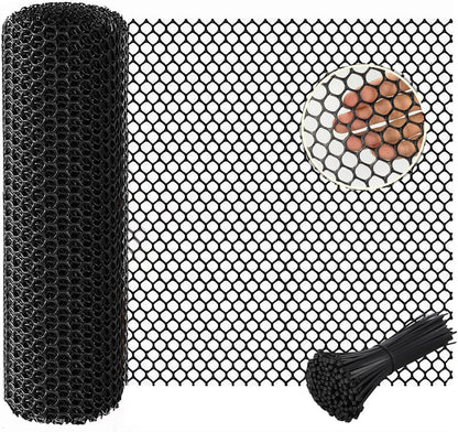 Plastic Chicken Wire Mesh Fence Roll - BEFYUS 15.7IN x 16.4FT Garden Fencing Animal Barrier with Zip Tie，Temporary Use Poultry Wires Netting for Pet,Dogs,Deer Rabbit (Black)