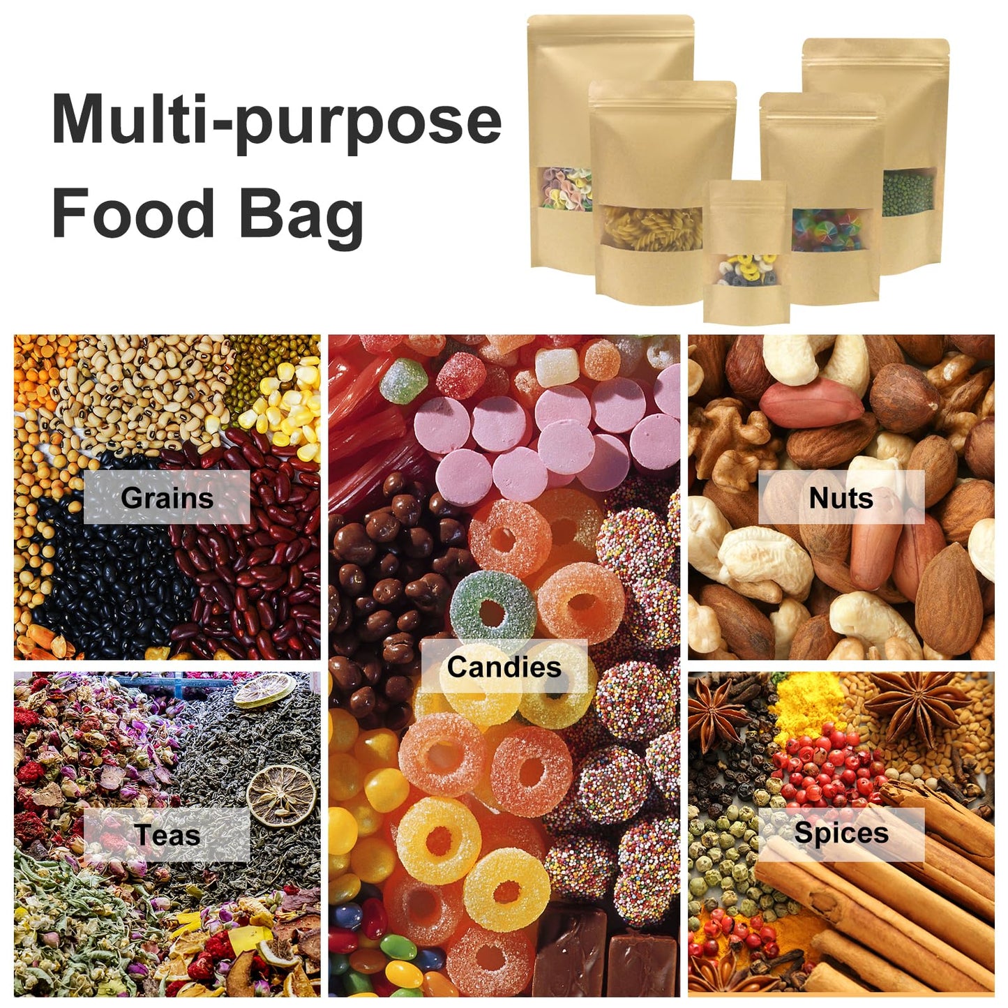 SumDirect Kraft Stand Up Pouches - 100Pcs Resealable Kraft Paper Stand Up Bags with Window, Zipper Disposable Food Storage Bags for Home or Business (100, 4.7x7.8inch)