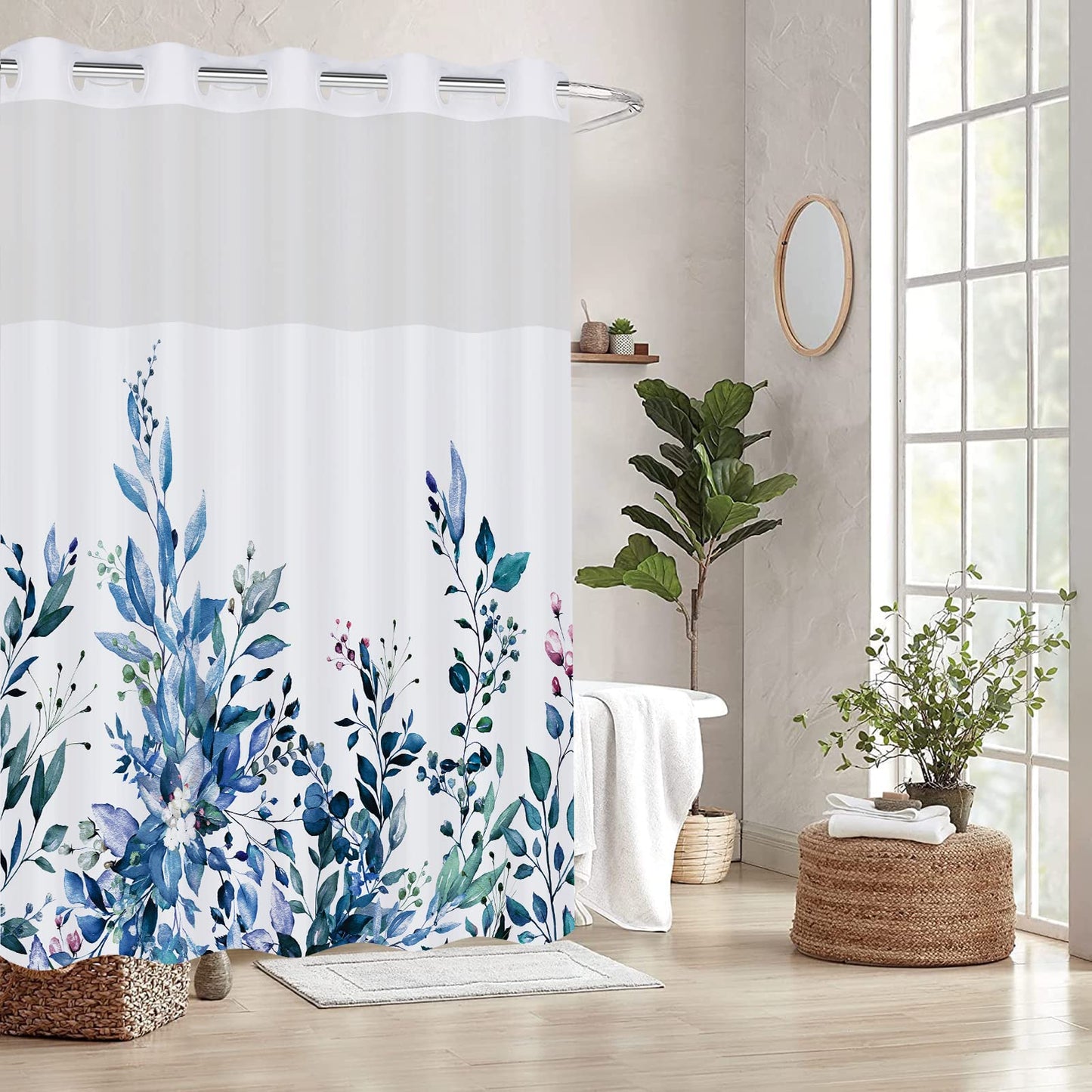 REZAYMRS Floral 3 in 1 Shower Curtain No Hooks Design, 71x74 inch Waterproof & Washable, Polyester Shower Curtains with Snap in Fabric Liner, Sheer Top Window, Double Layer Bathtubs Hotel Curtain Set