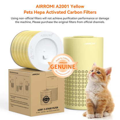 AIRROMI A2001 HEPA Air Purifier Replacement Filter: Original 3-in-1 Filter, Removes 99.97% of 0.3 Micron Particles, Yellow Activated Carbon Filter - Pets & Allergen Specific -1 Pack
