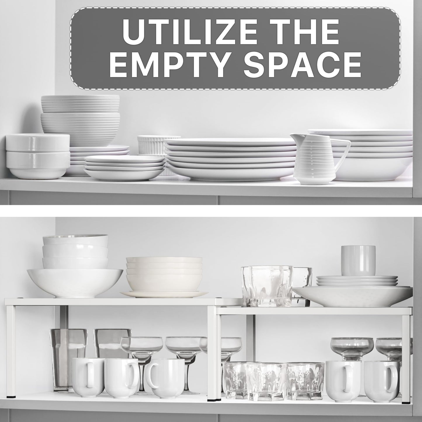 Simple Houseware Expandable and Stackable Kitchen Cupboard Metal Organizer for Mug Shelf, Spice Rack, and Pantry Storage, Set of 2, White