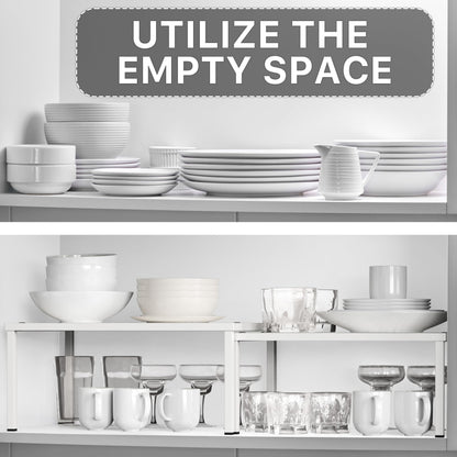 Simple Houseware Expandable and Stackable Kitchen Cupboard Metal Organizer for Mug Shelf, Spice Rack, and Pantry Storage, Set of 2, White