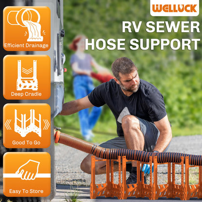 WELLUCK RV Sewer Hose Support 10FT, Blaze Orange RV Sewer Support with Adjustable Height Design, Secure Rubber Band and Carry Strap