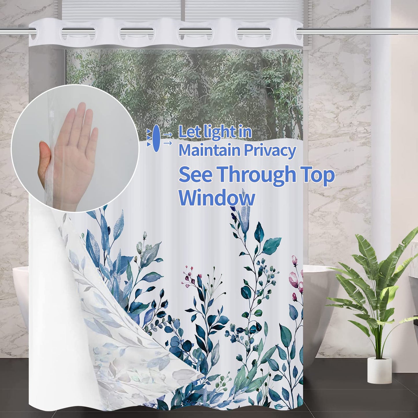 REZAYMRS Floral 3 in 1 Shower Curtain No Hooks Design, 71x74 inch Waterproof & Washable, Polyester Shower Curtains with Snap in Fabric Liner, Sheer Top Window, Double Layer Bathtubs Hotel Curtain Set