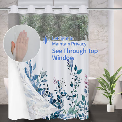 REZAYMRS Floral 3 in 1 Shower Curtain No Hooks Design, 71x74 inch Waterproof & Washable, Polyester Shower Curtains with Snap in Fabric Liner, Sheer Top Window, Double Layer Bathtubs Hotel Curtain Set