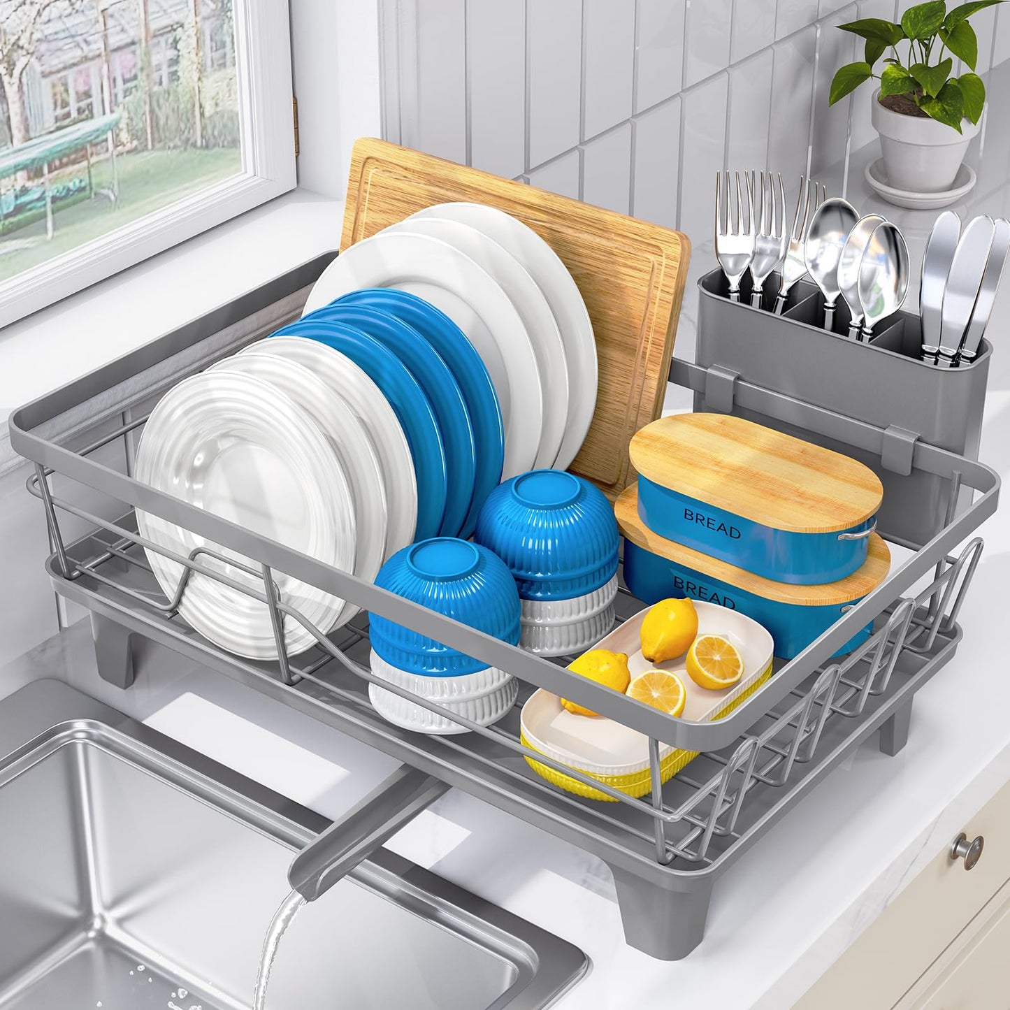 Urackify Dish Drying Rack - Large Dish Rack with Drainboard for Kitchen Counter, Stainless Steel Dish Drainer Fits Most Kitchen Sinks, Gray