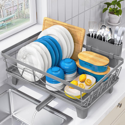 Urackify Dish Drying Rack - Large Dish Rack with Drainboard for Kitchen Counter, Stainless Steel Dish Drainer Fits Most Kitchen Sinks, Gray