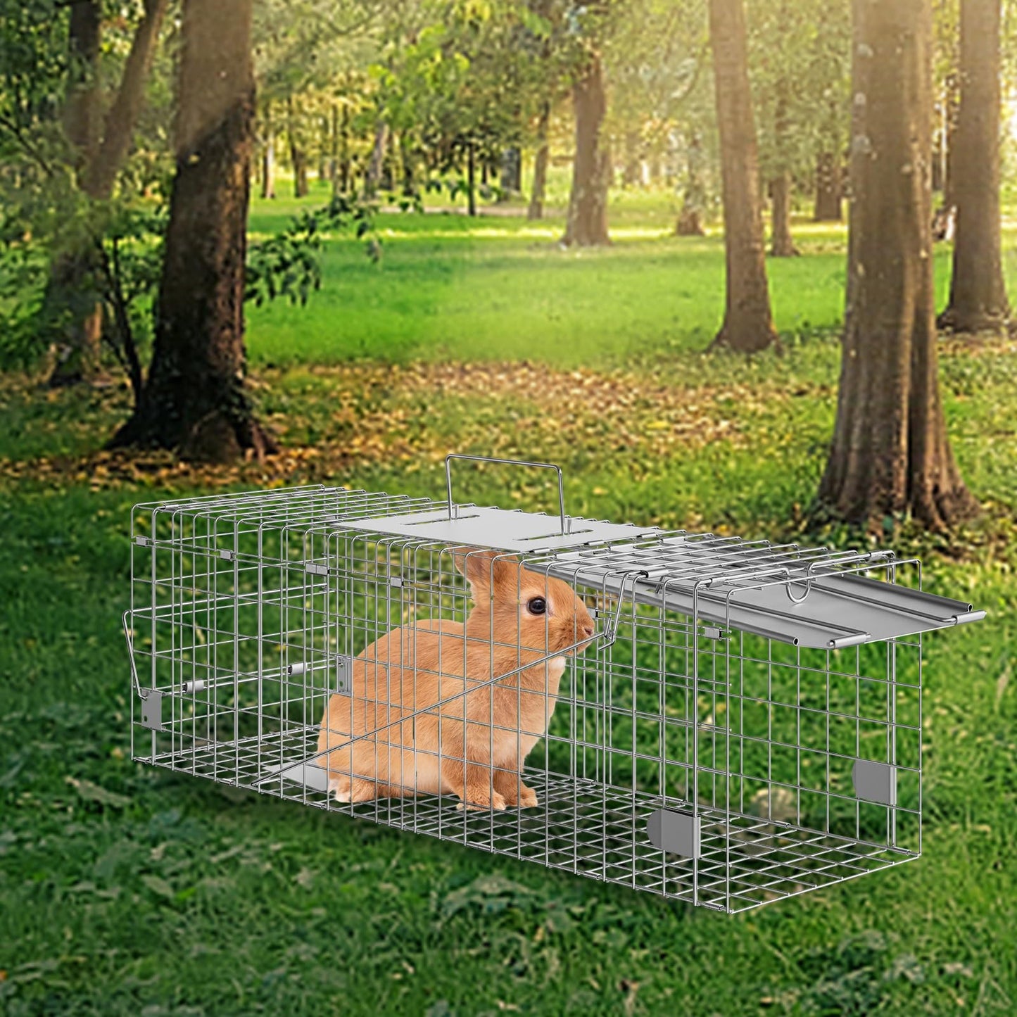 VEVOR Live Animal Cage Trap, 24" x 8" x 8" Humane Cat Trap Galvanized Iron, Folding Animal Trap with Handle for Rabbits, Stray Cats, Squirrels, Raccoons, Groundhogs and Opossums
