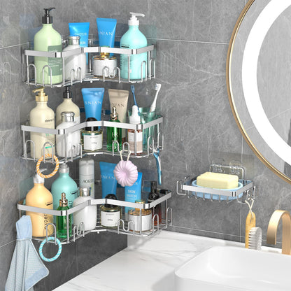 stusgo 4 Pack Corner Shower Caddy with Soap Holder, Adhesive Shower Shelves No Drilling, Rustproof Stainless Steel Bathroom Shower Organizer with Hooks, Shower Shelf for Inside Shower, Silver