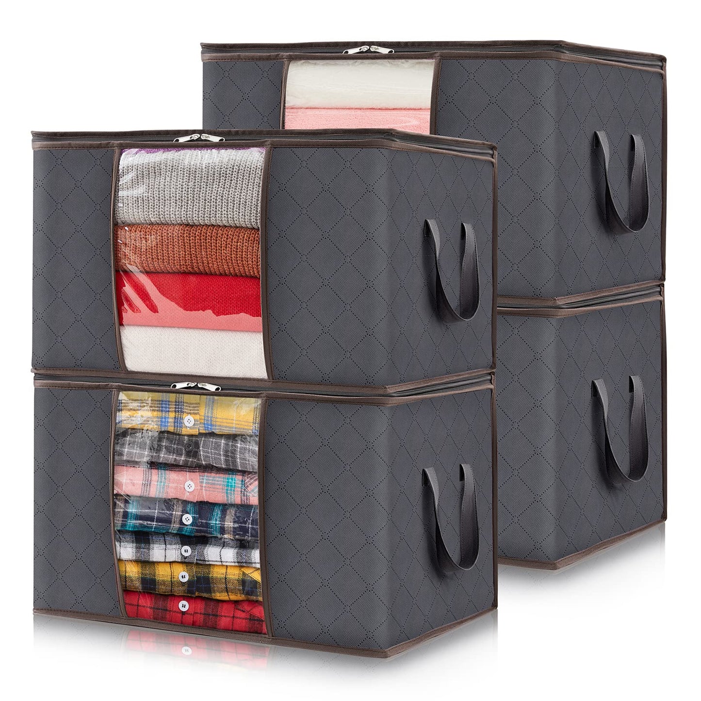 Lifewit 4 Pack Clothes Storage Bag, Foldable Storage Bins for Clothes, Blankets, Fabric Wardrobe Closet Organizers with Reinforced Handle, Sturdy Zipper, Moving Bags With Clear Window, Grey