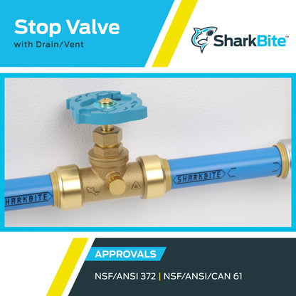 Sharkbite 24635LFA Stop Valve Drain, 3/4 Inch x 3/4 inch, Water Valve Shut Off, Push-to-Connect, PEX, Copper, CPVC, PE-RT