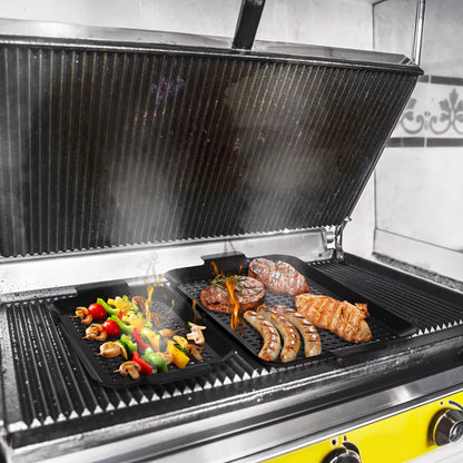 Covzoe 2 Pack Grill Topper Pans, Nonstick Barbecue Grilling Baskets with Perforated Bottom, Heavy Duty Carbon Steel Grilling Tray for Outdoor Cooking and Camping, Black