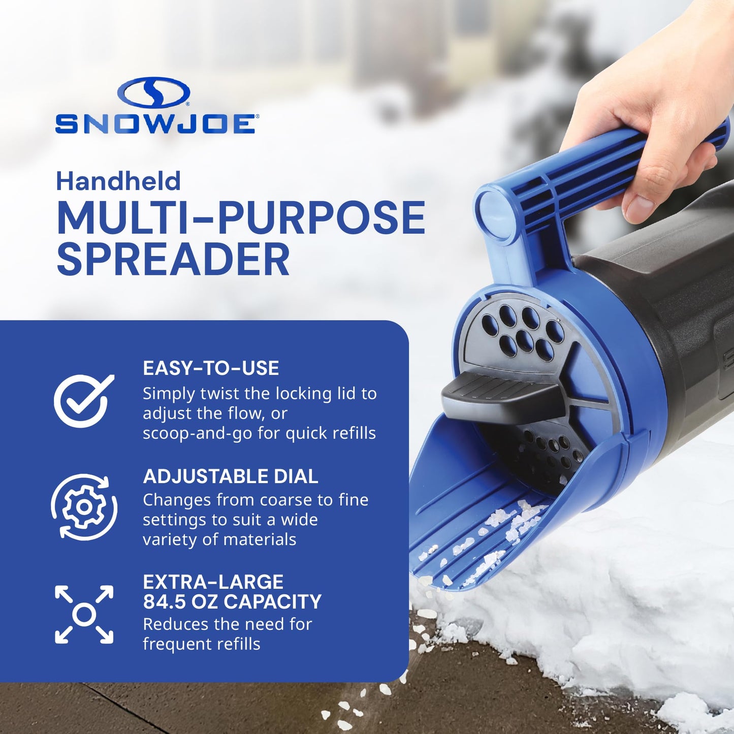 Snow Joe Sun Joe SJSPD1 Handheld All-Season Multi-Purpose Spreader, 5 lbs, w/Adjustable Dial Flow Control, for Ice Melt, Fertilizer, Grass Seed, Pool Chemicals, Pesticides Blue/Black