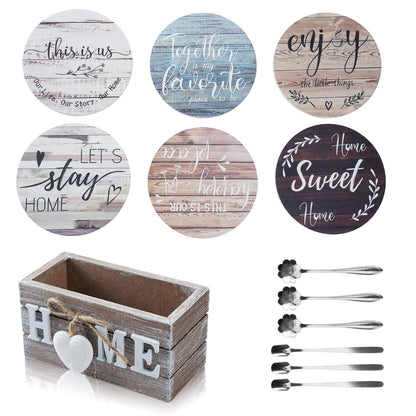 Witwatia Coasters for Drinks 6 Set with Holder, Housewarming Gifts New Home Wood Rustic Farmhouse Coaster with 6 Spoons, Funny Coasters for Coffee Table, Absorbent Drink Coaster for Room Bar Decor