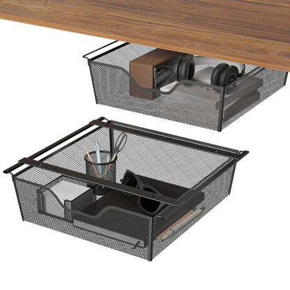 Under Desk Drawer Organizer No Drilling 2 Pack Under Table Storage Drawers Slide Out Mesh Metal Under Desk Hidden Adhesive Drawer for Office Kitchen